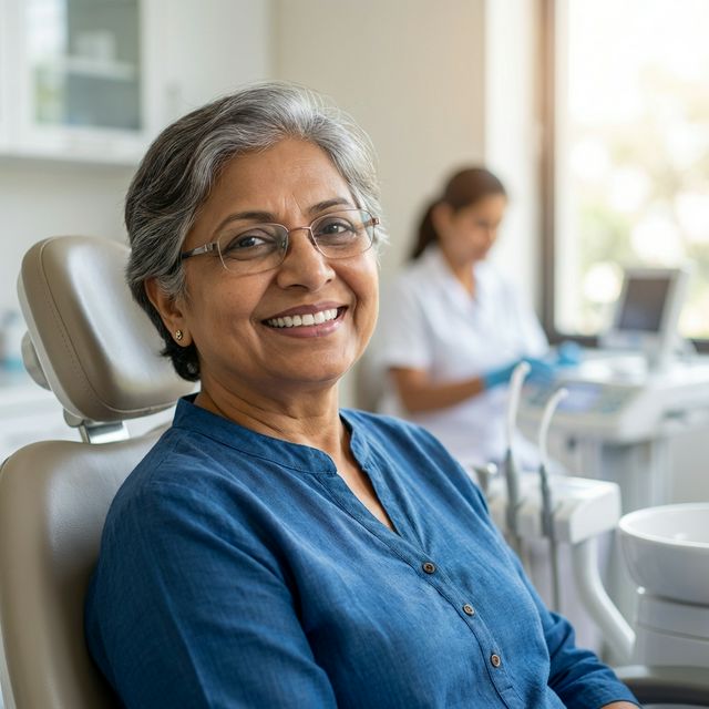 Happy senior patient with dental implants