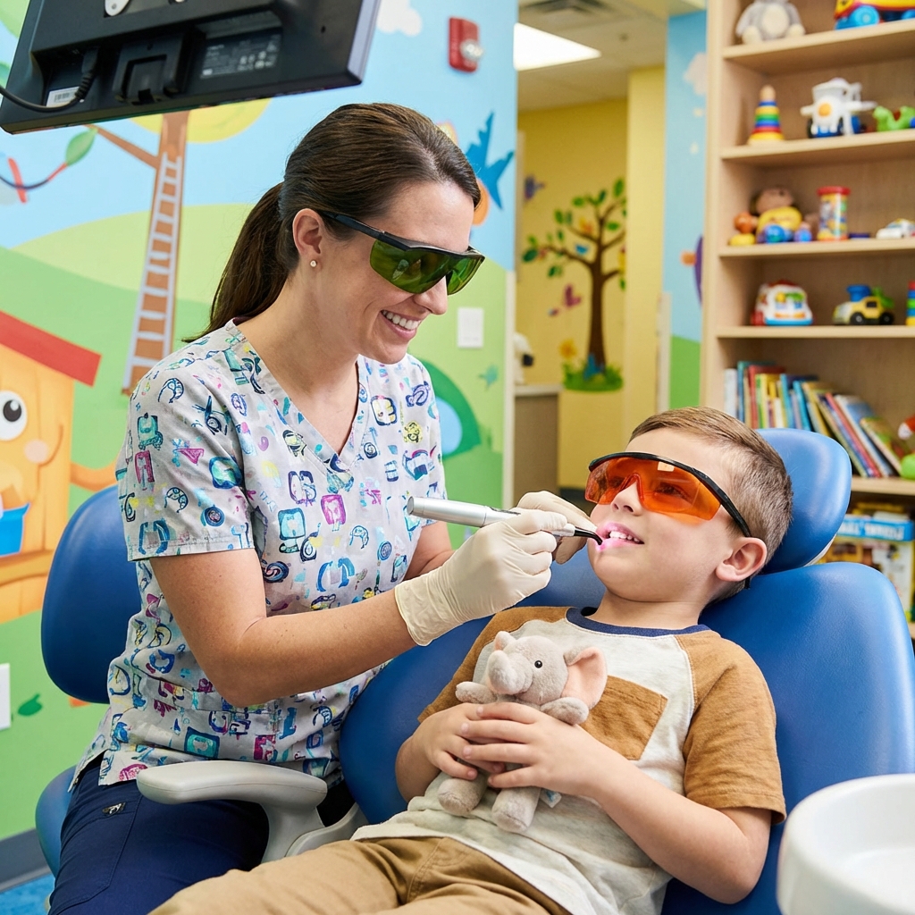 Happy child receiving laser dental treatment